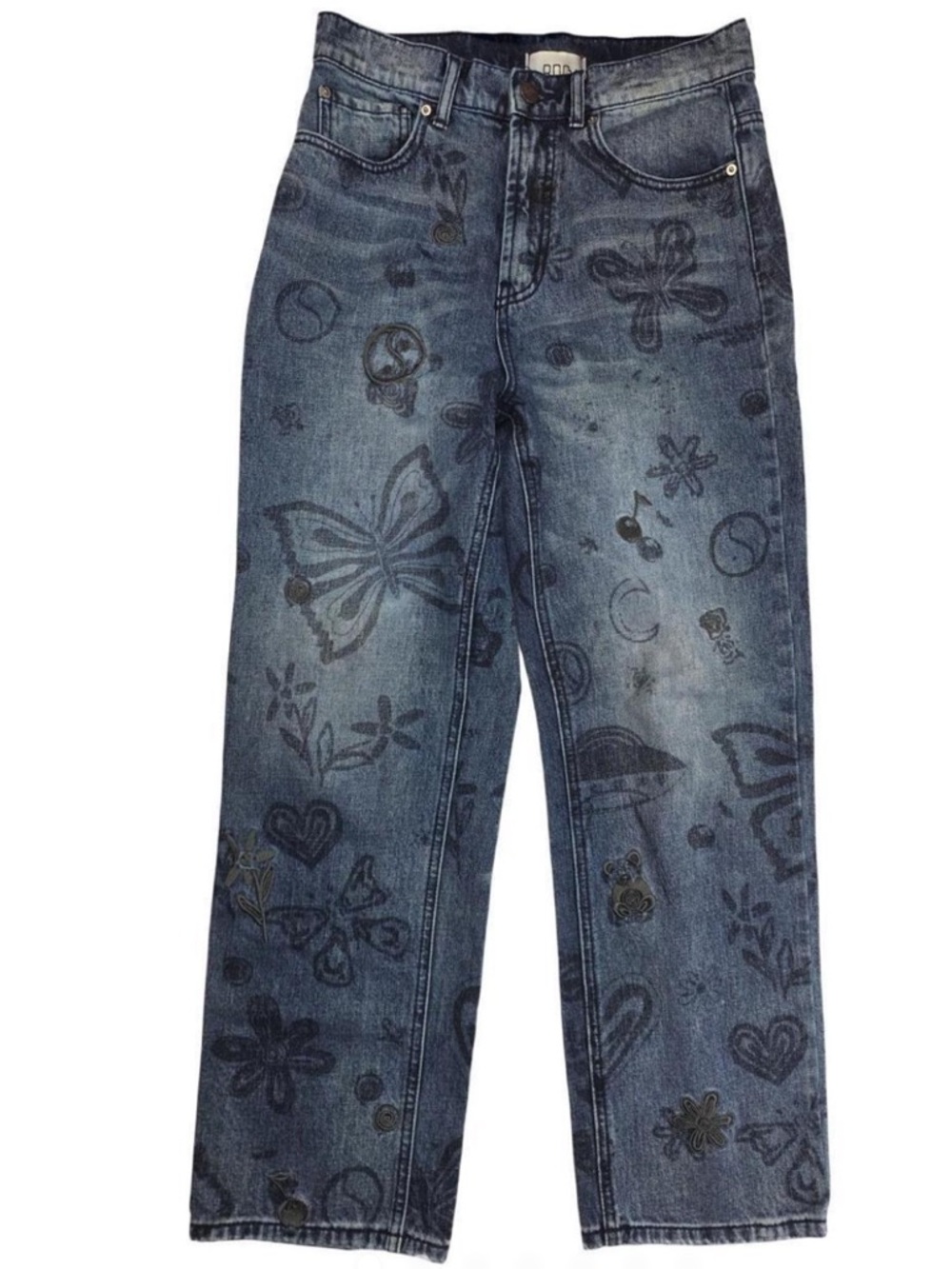 Cowboy Urban Outfitters Denim Jeans with Floral, Hearts, Embroidery